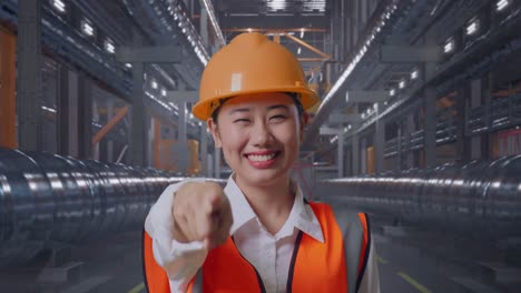 Close Up Of Asian Female Engineer With Safety Helmet Smiling And Touching Her Chest Then Pointing At You While Standing With Metal Pipes