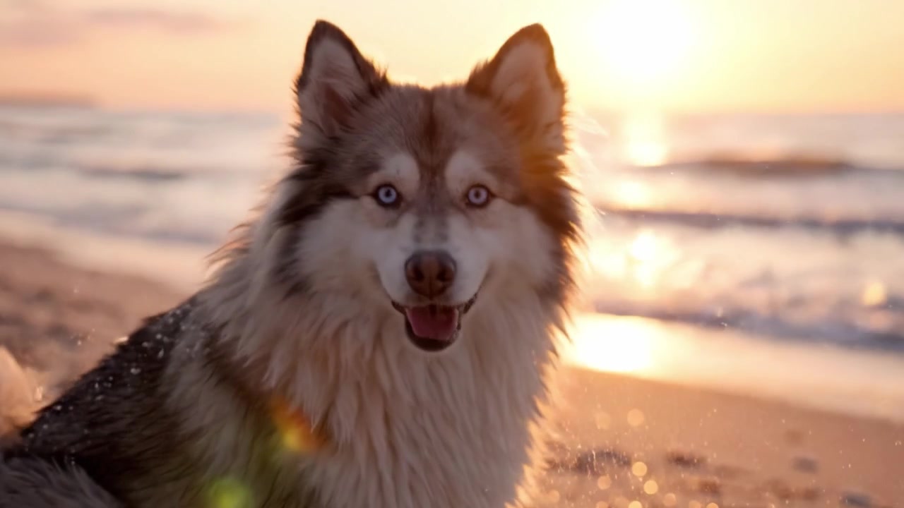 Un bellissimo cane che si gode un tramonto panoramico sulla spiaggia, catturando l'essenza della natura e della compagnia in perfetta armonia