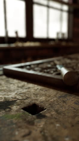 close up of a woodworking bench with tools