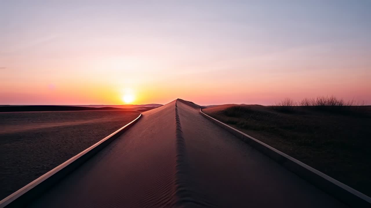Advancing camera moving along sand dune crest, following footprints toward sunrise, rail edging