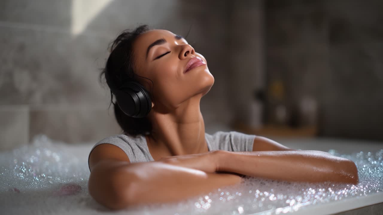 Relaxing Warm Bath with Bubbles and Headphones: A Blissful Moment of Serenity and Tranquility Captured in Two Frames, Embracing Peace and Pure Relaxation