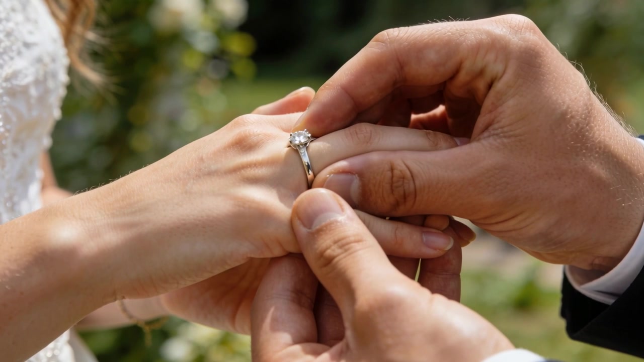 Noivo colocando anel de diamante, noiva estendendo a mão em casamento no jardim com vestido e punho do terno