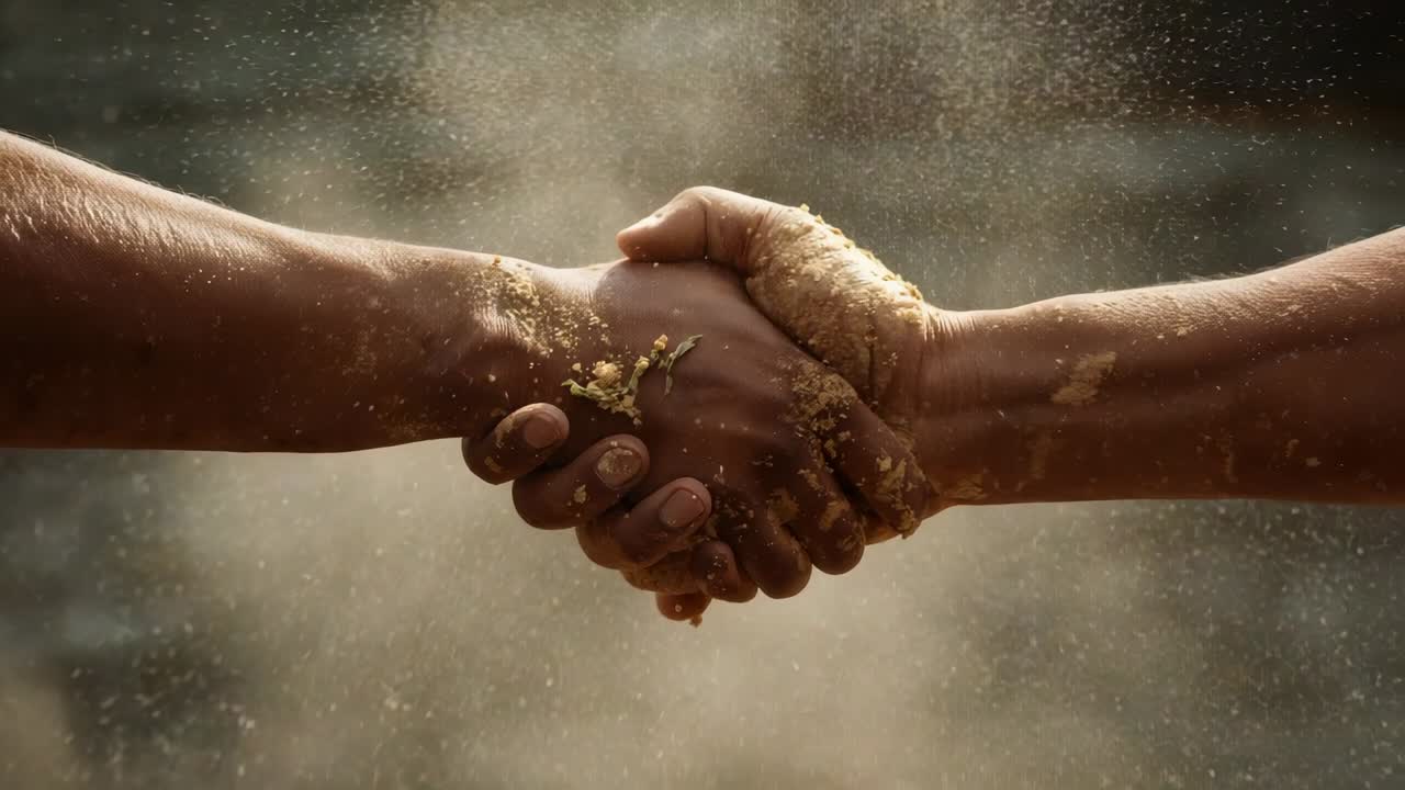 Sending sand cloud from moves, clasped hands and forearms in backlit desert grit sealing agreement