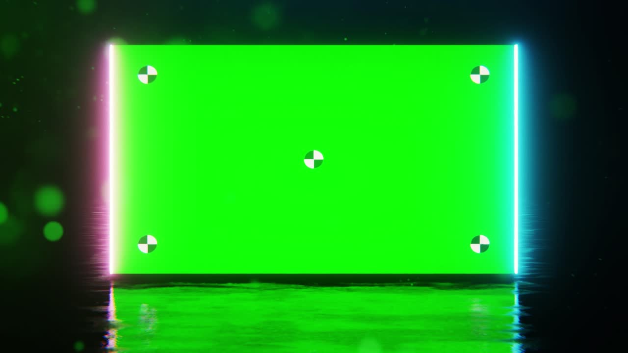 트래커가 있는 넓은 초록색 모형 화면은 네온 라인이 열리는 곳에서 나타납니다. 화면을 향해 확대합니다. 제목을 나타내는 데 유용합니다. 로고를 나타니다.