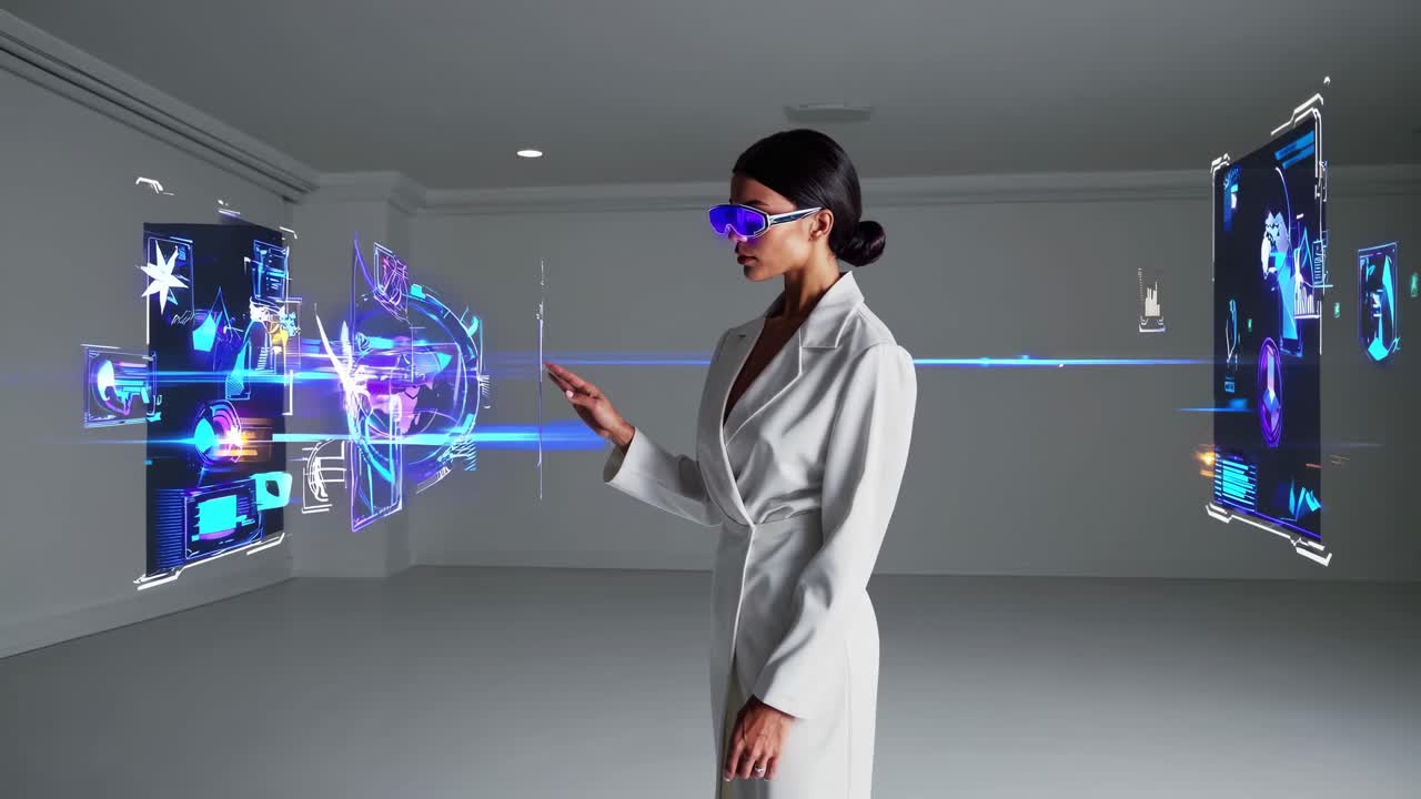Woman interacting with holographic displays in a modern office