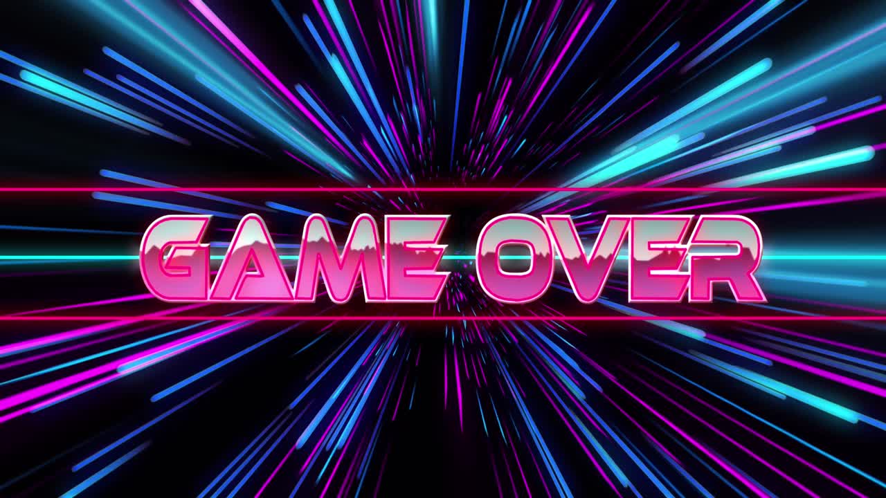 Animazione di 'game over' su scie luminose al neon rosa e blu.