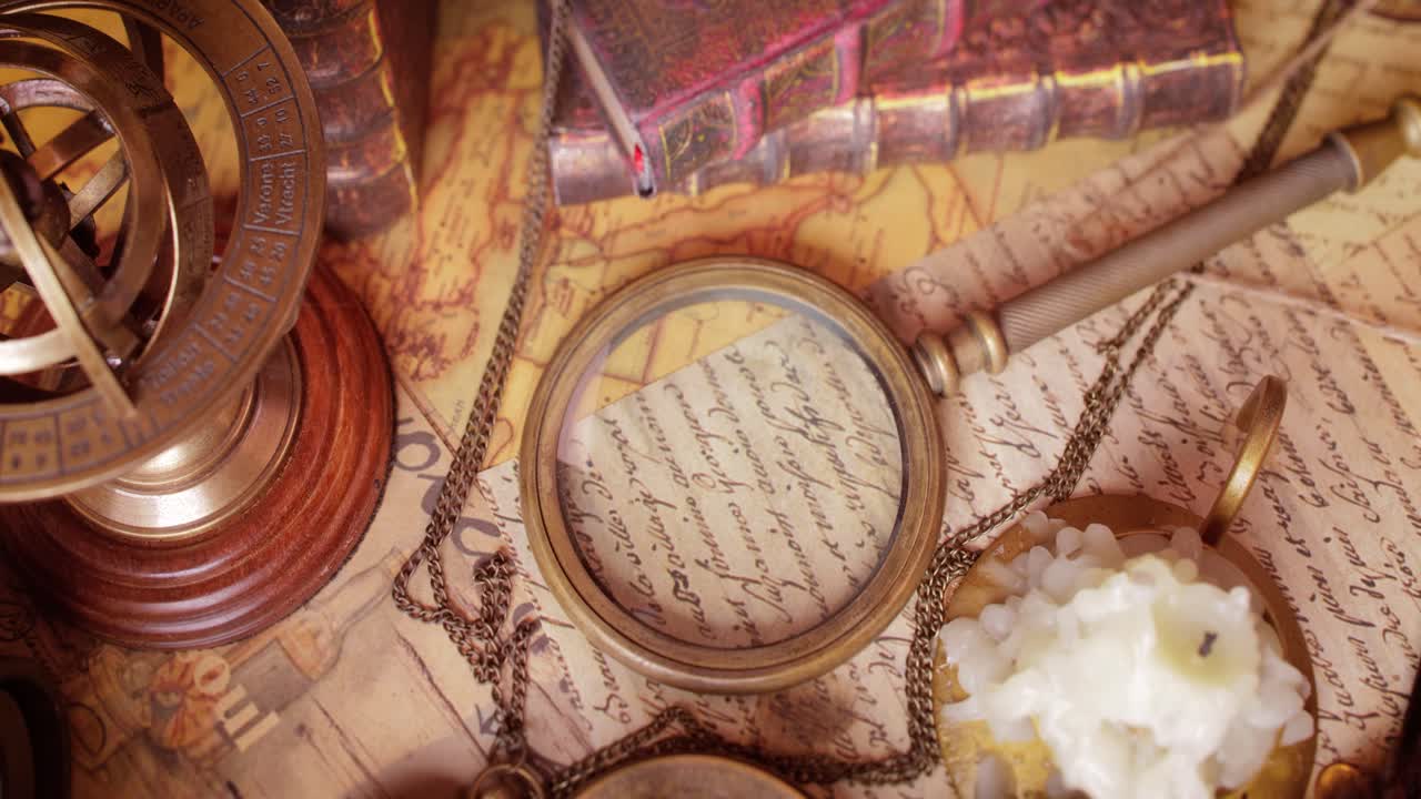 빈티지 스타일의 여행과 모험. 빈티지 오래된 나침반과 테이블에 있는 다른 빈티지 물건들.