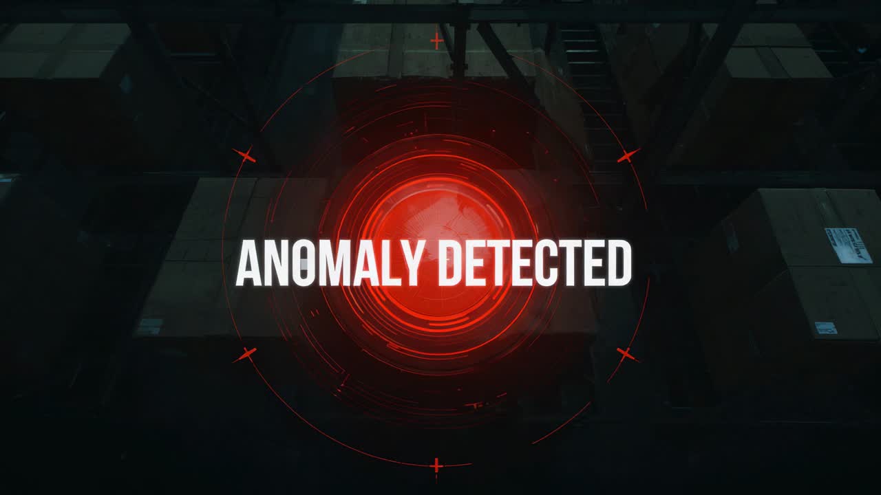 Upon lines sweeping, pulsing red reticle scanning cargo crates in facility showing ANOMALY DETECTED
