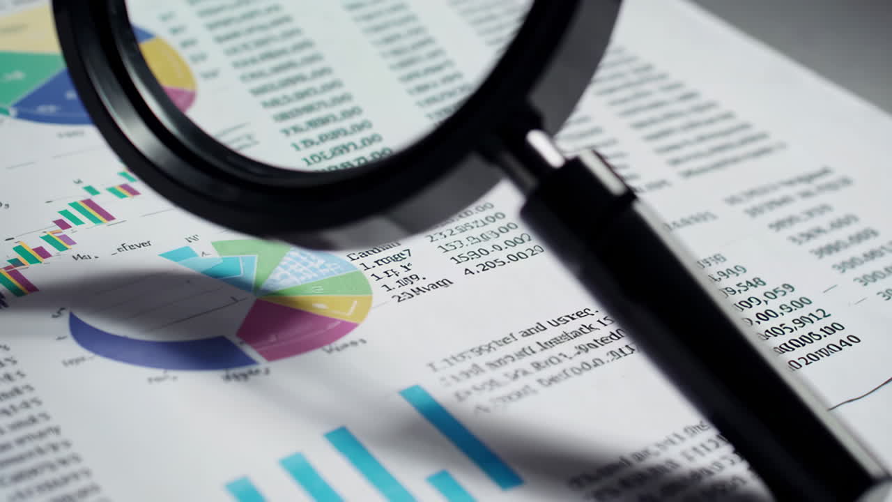A magnifying glass examining financial documents and data