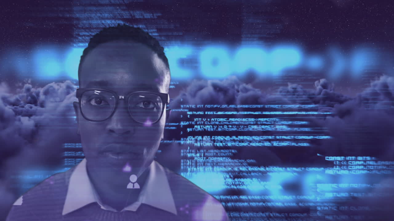 Animation of portrait of man data processing digital icons over sky with clouds