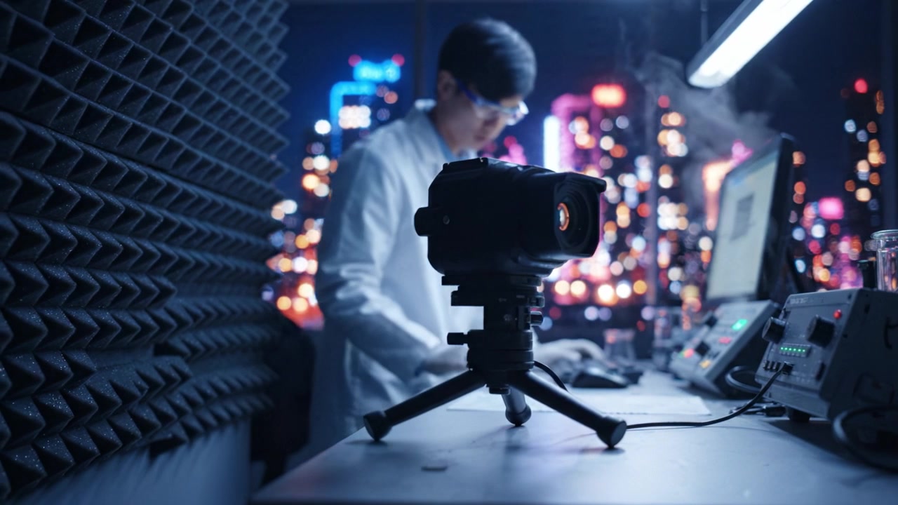 Uno scienziato che lavora in uno studio high-tech con una fotocamera e un computer, mentre le luci notturne della città creano uno sfondo colorato con vapore nell'aria.