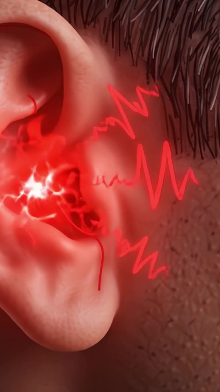 Un'intrigante esplorazione ravvicinata dell'orecchio umano, che evidenzia dettagli sottili e illustra sensazioni di dolore e disagio attraverso elementi visivi.