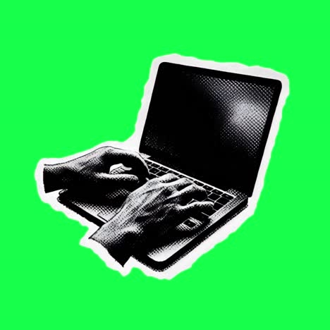 retro hands typing laptop collage animation, transparent 4k video, green screen