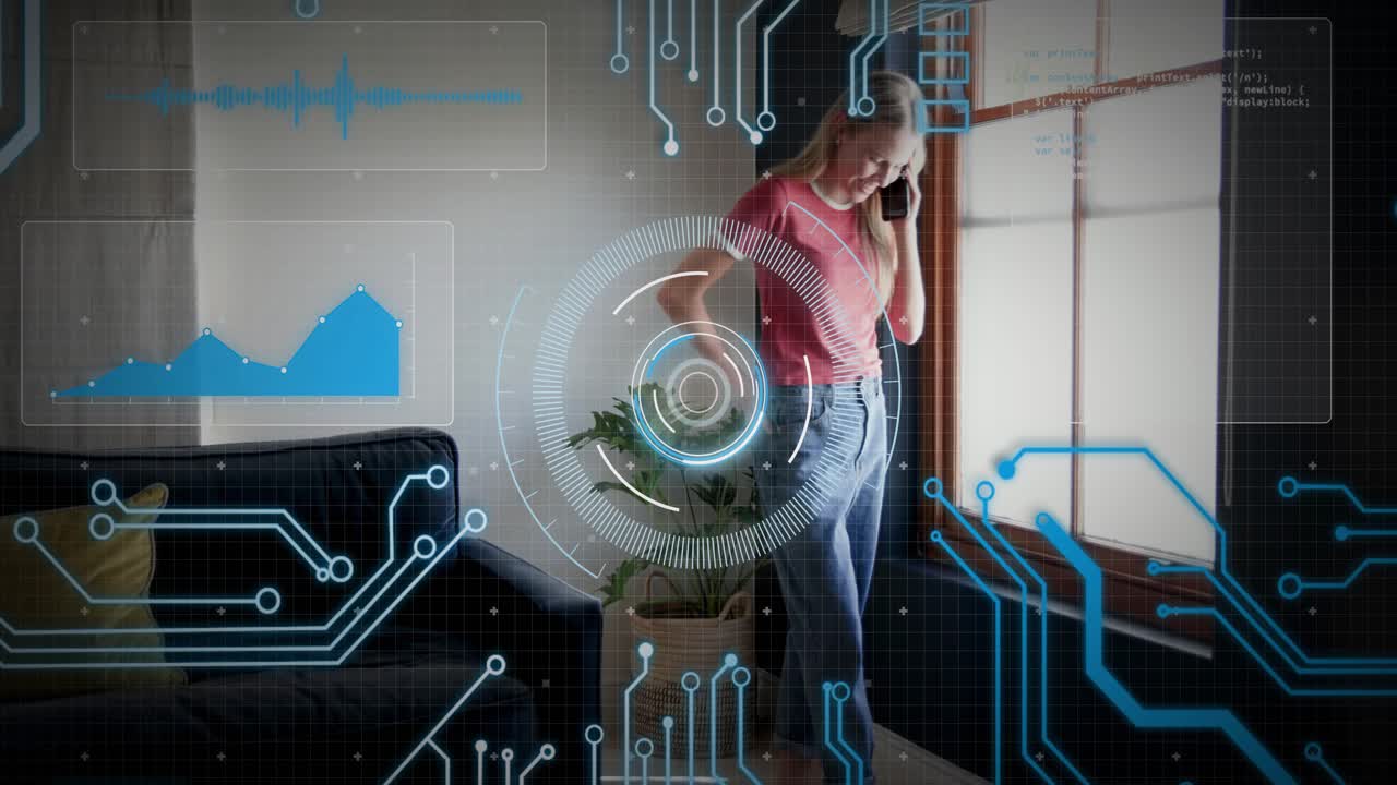 Adult woman receiving call by window, speaking for update while tech HUD scan charts circling her