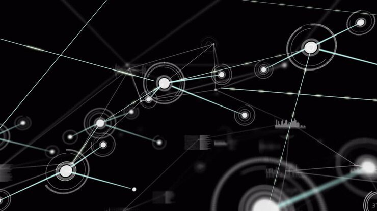 Animation of dots connected with lines, graph icons, database against black background