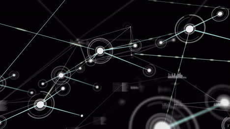 Animation-Von-Mit-Linien-Verbundenen-Punkten,-Diagrammsymbolen,-Datenbank-Vor-Schwarzem-Hintergrund