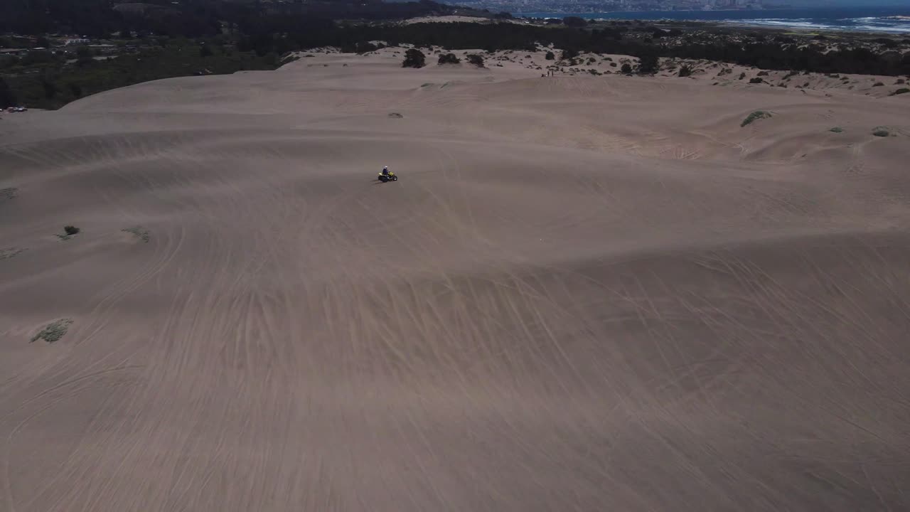 Aerial View of Person Riding Quad Bike on Sand Dunes
