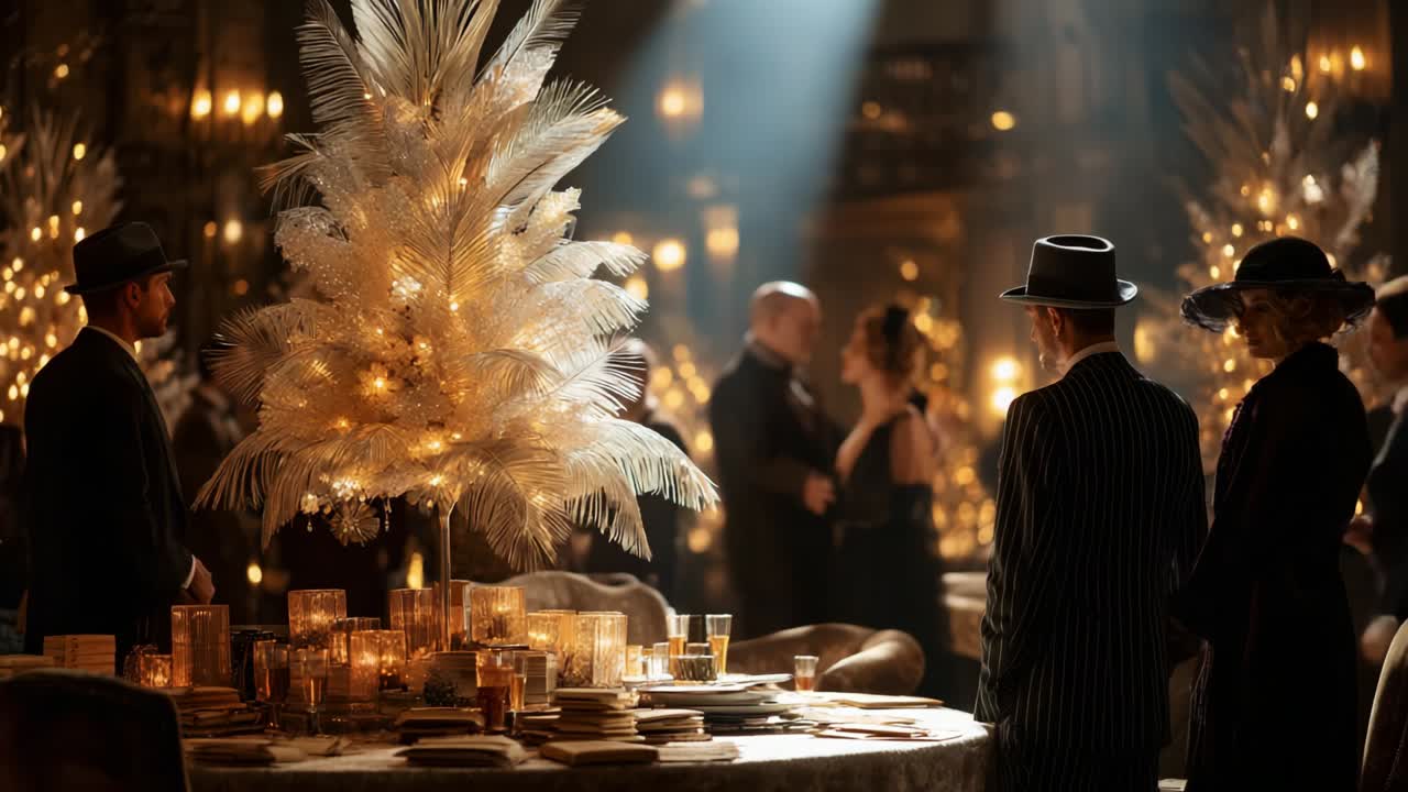 Elegant Gathering Under Radiant Lights: A Captivating Evening Celebration Surrounded by Lush Decor, Featuring a Resplendent Christmas Tree and Guests Dressed in Vintage Attire in an Enchanting Atmosphere