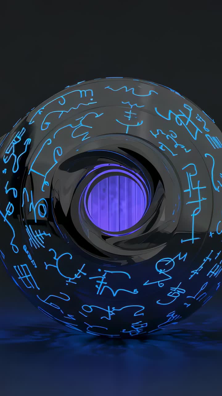 Vertical video: Rotating glossy black torus ring with pulsing core causing runes to flash in void