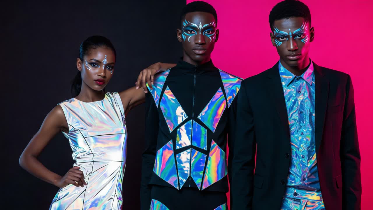 Futuristic Fashion Statement Featuring Models in Iridescent Outfits with Striking Face Art Against a Bold Background