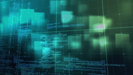 animación de cuadrados y procesamiento de datos sobre fondo azul