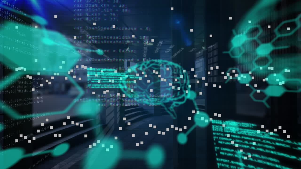 Animation of medical data processing and blue light spot against time-lapse of city traffic