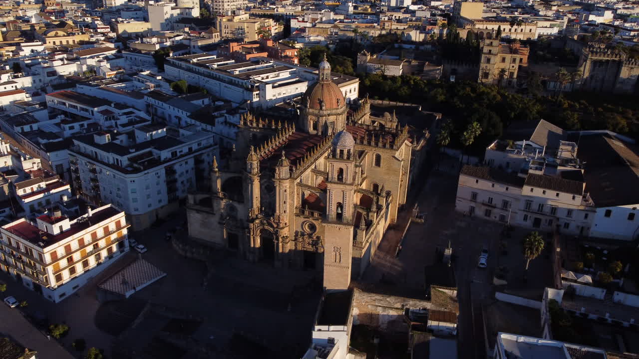 Cathedral of Jerez de le Frontera Aerial Orbit at Golden Hour
