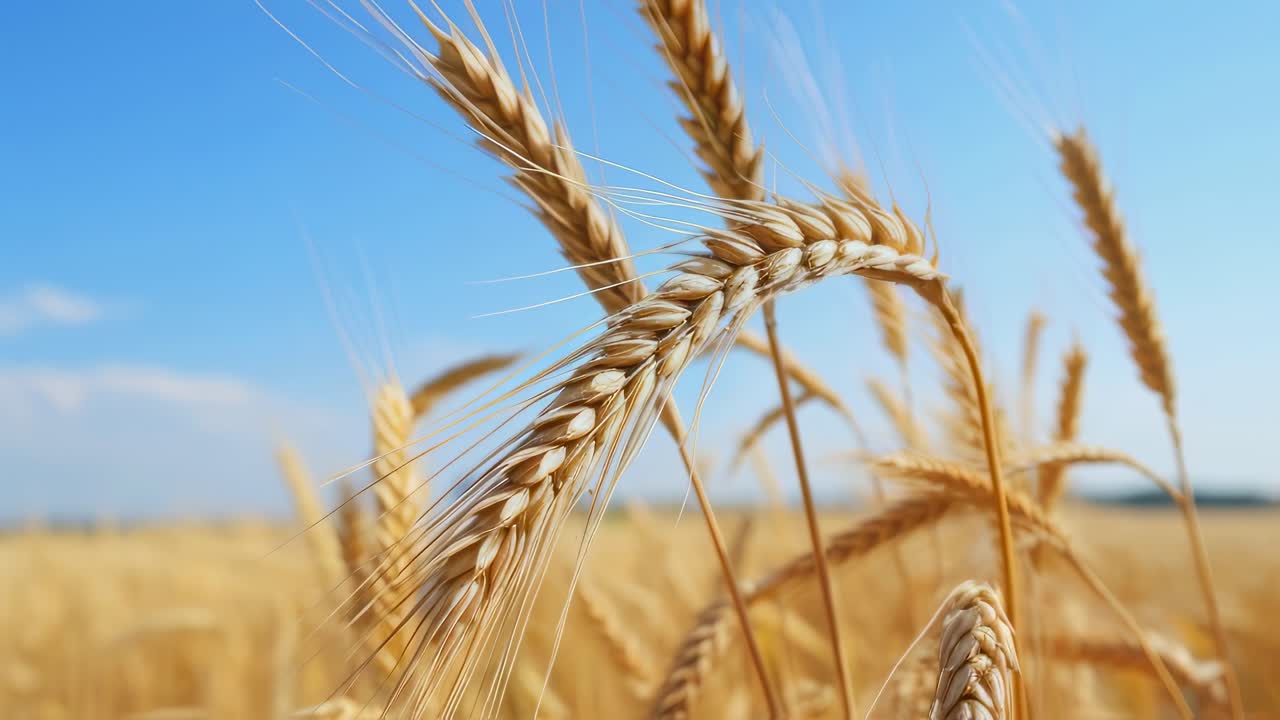 Ripe wheat ears swaying gracefully in the wind beneath a vibrant blue sky, forming a stunning golden landscape, ready for harvest on a sunny summer day