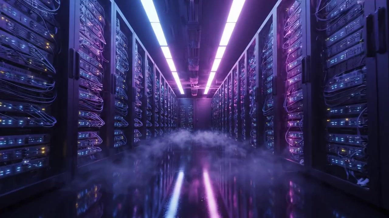 A Stunningly Lit Server Room with Vibrant Neon Lights and Reflective Surfaces, Creating a High-Tech Atmosphere in a Modern Data Center