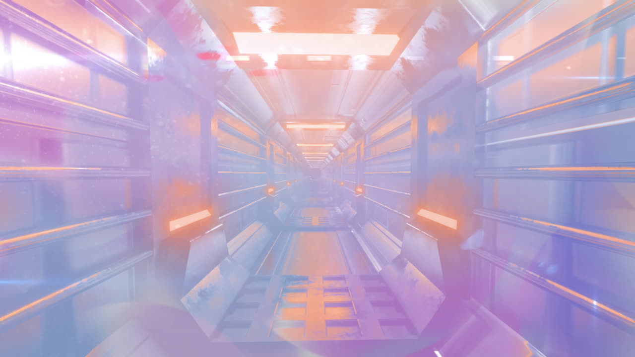 Glowing lights and vibrant colors creating sci-fi animation in futuristic corridor