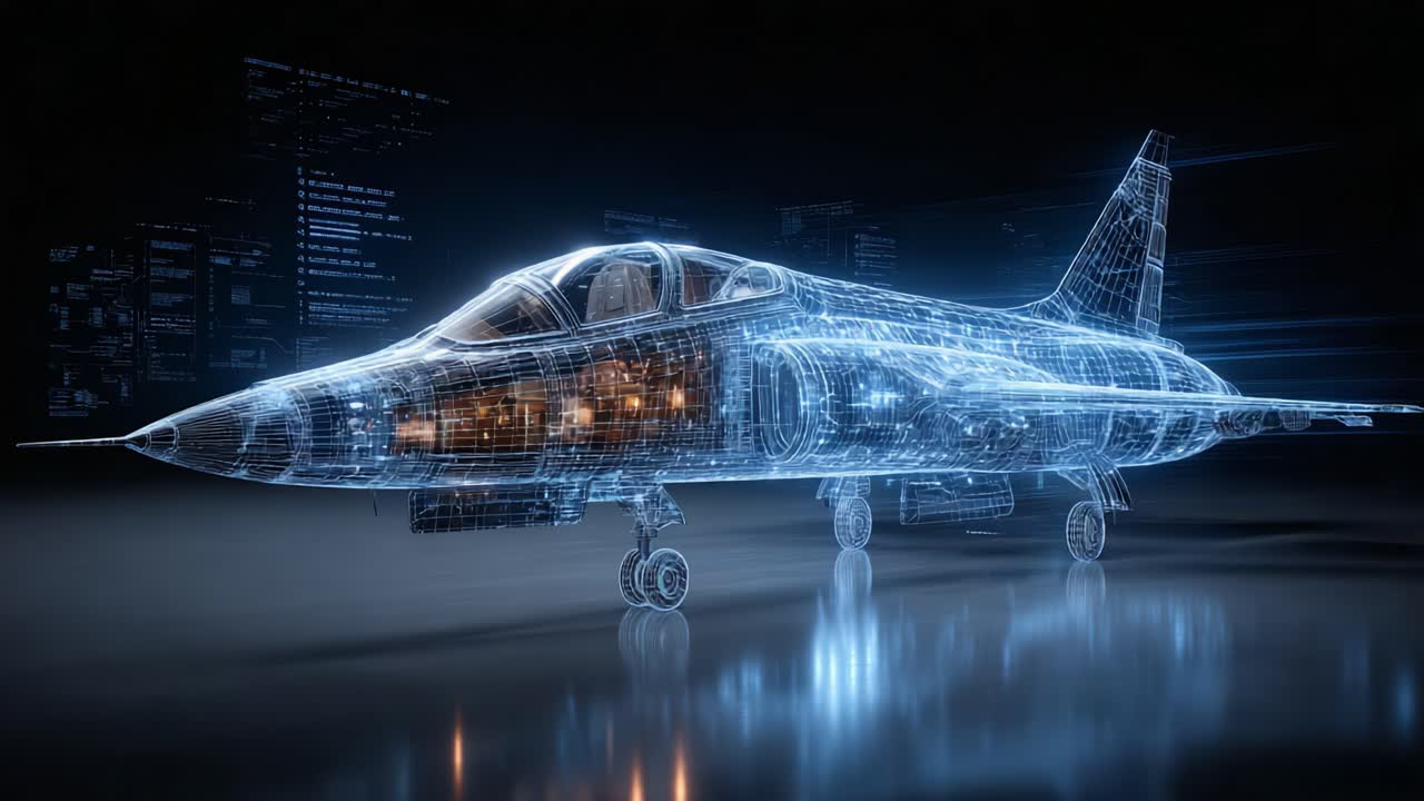 Futuristic Fighter Jet Visualization: A Stunning Holographic Representation Showcasing Advanced Technology and Structural Design in Aeronautics