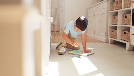 Drawing,-education-and-kid-on-floor-in-home