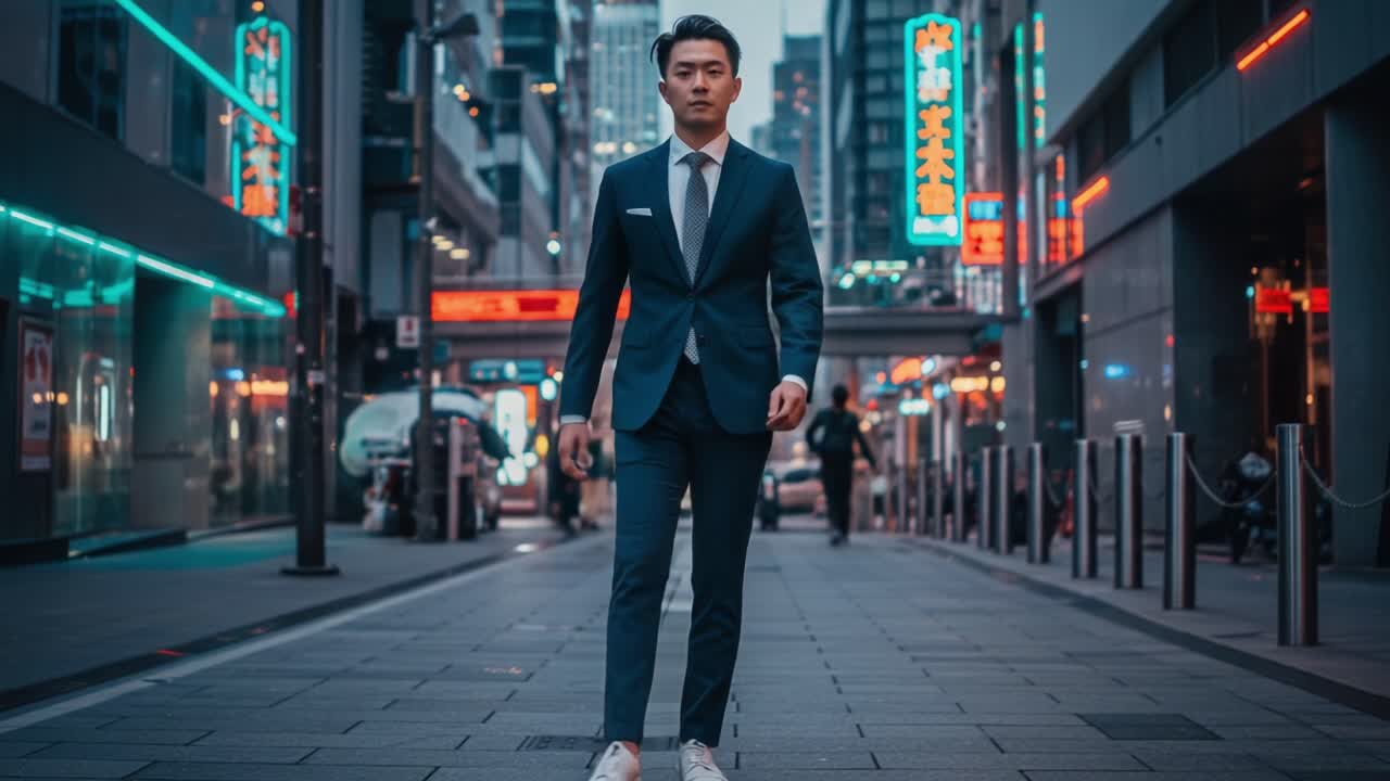 A Confident Individual in Formal Attire Walks Through a Neon-Lit Urban Street, Capturing the Essence of Modern Lifestyle and Fashion in a Vibrant Cityscape