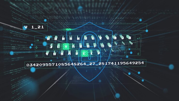 Animation of data processing and shield on black background