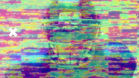 Animation-Der-Datenverarbeitung-Mit-Markierungen-Und-Glitch-über-Einem-Kaukasischen-American-Football-Spieler