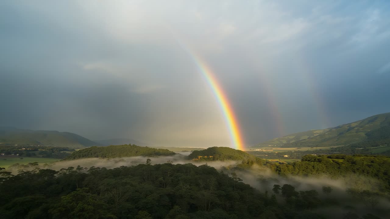 Flying low drone revealing primary and secondary rainbows over misty forest canopy and farmland