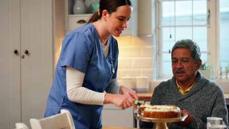 cake, nurse and assisted living with an old couple