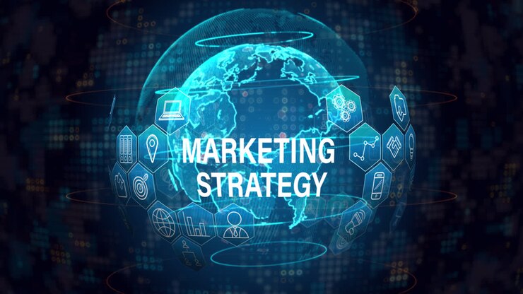 Animazione del testo "strategia di marketing" con icone su un globo su sfondo nero