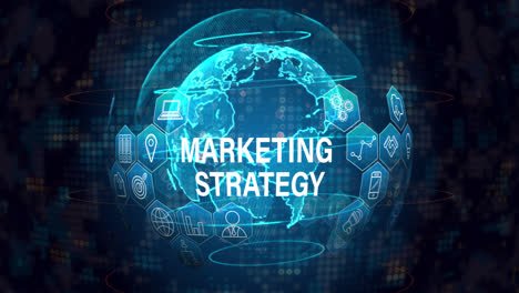 animation of marketing strategy text with icons over globe on black background