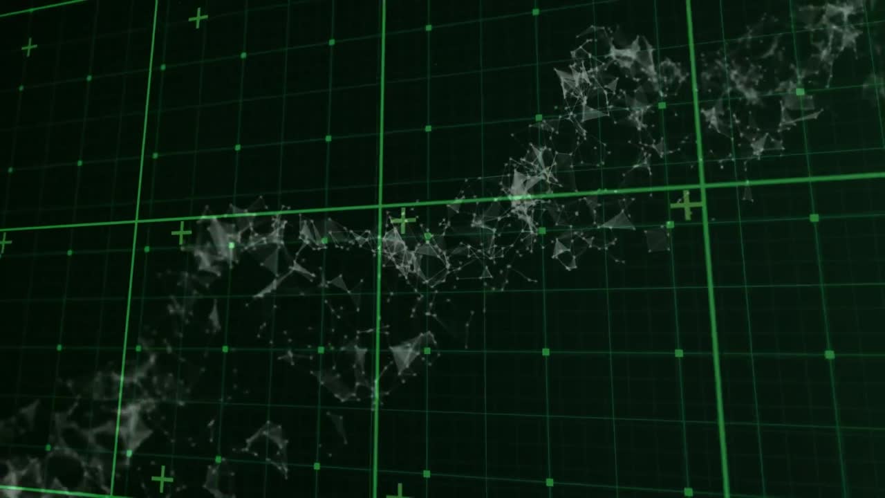 animación de la cuadrícula verde sobre la estructura de partículas giratorias, sobre un fondo negro