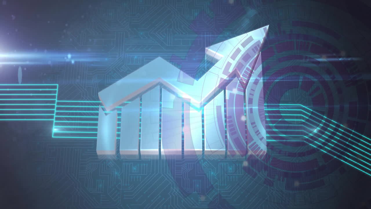Animation of arrow and bar graph showing growth over digital circuit background