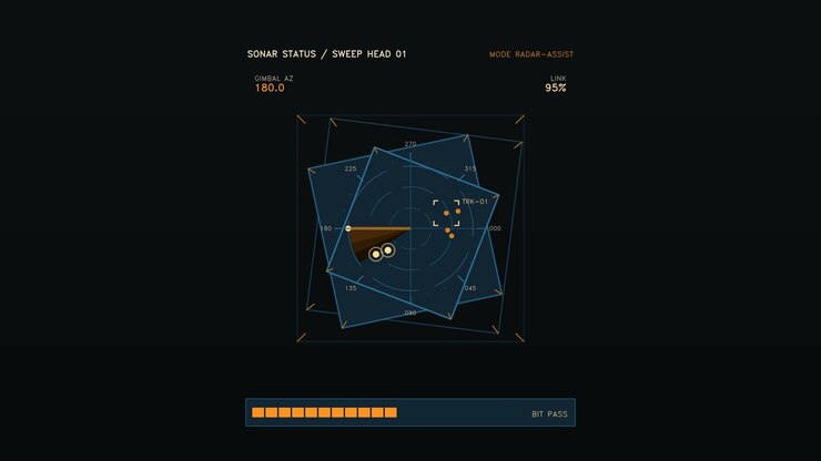 An interactive sonar display shows real time status and sweep data. The screen features graphical radar elements with various angles and measurements, indicating precise information