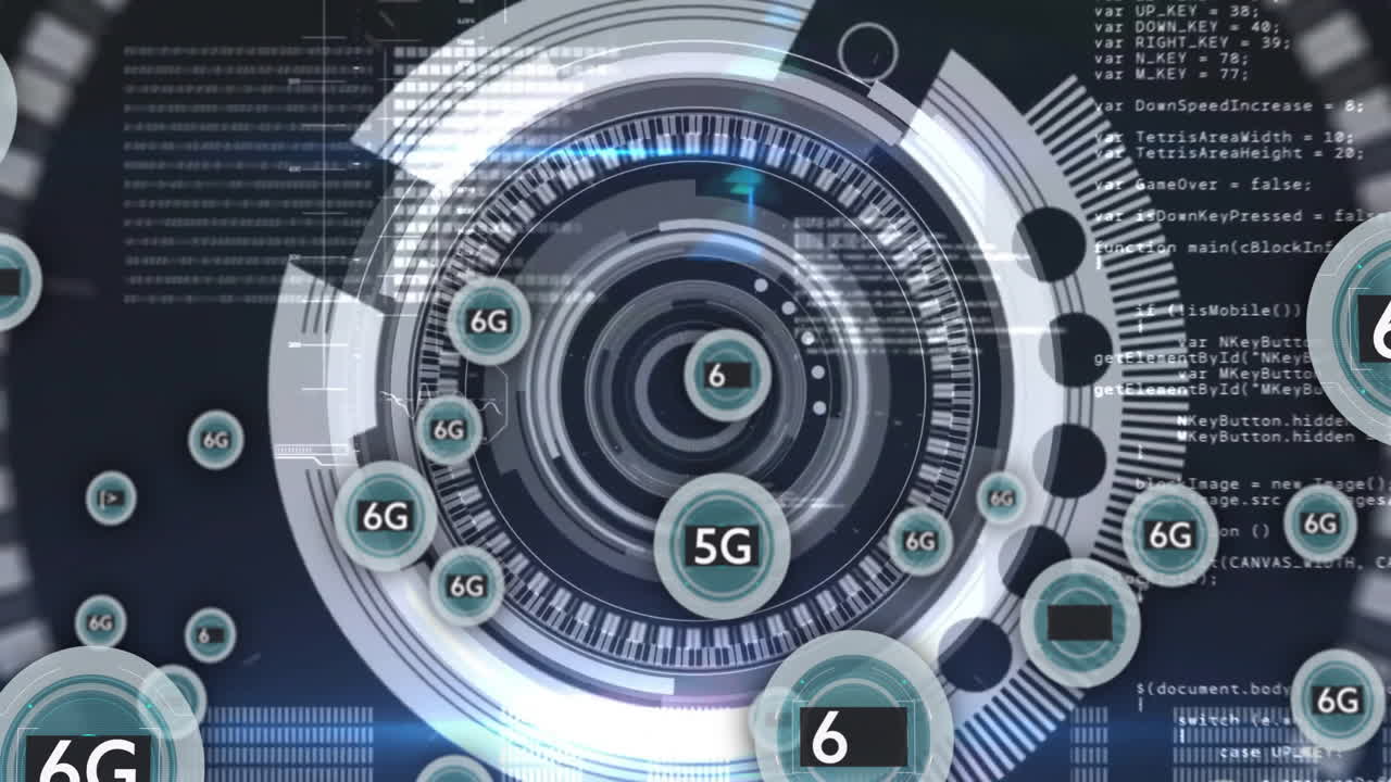 미래의 디지털 인터페이스, 6g 기술 애니메이션, 원형 hud 요소