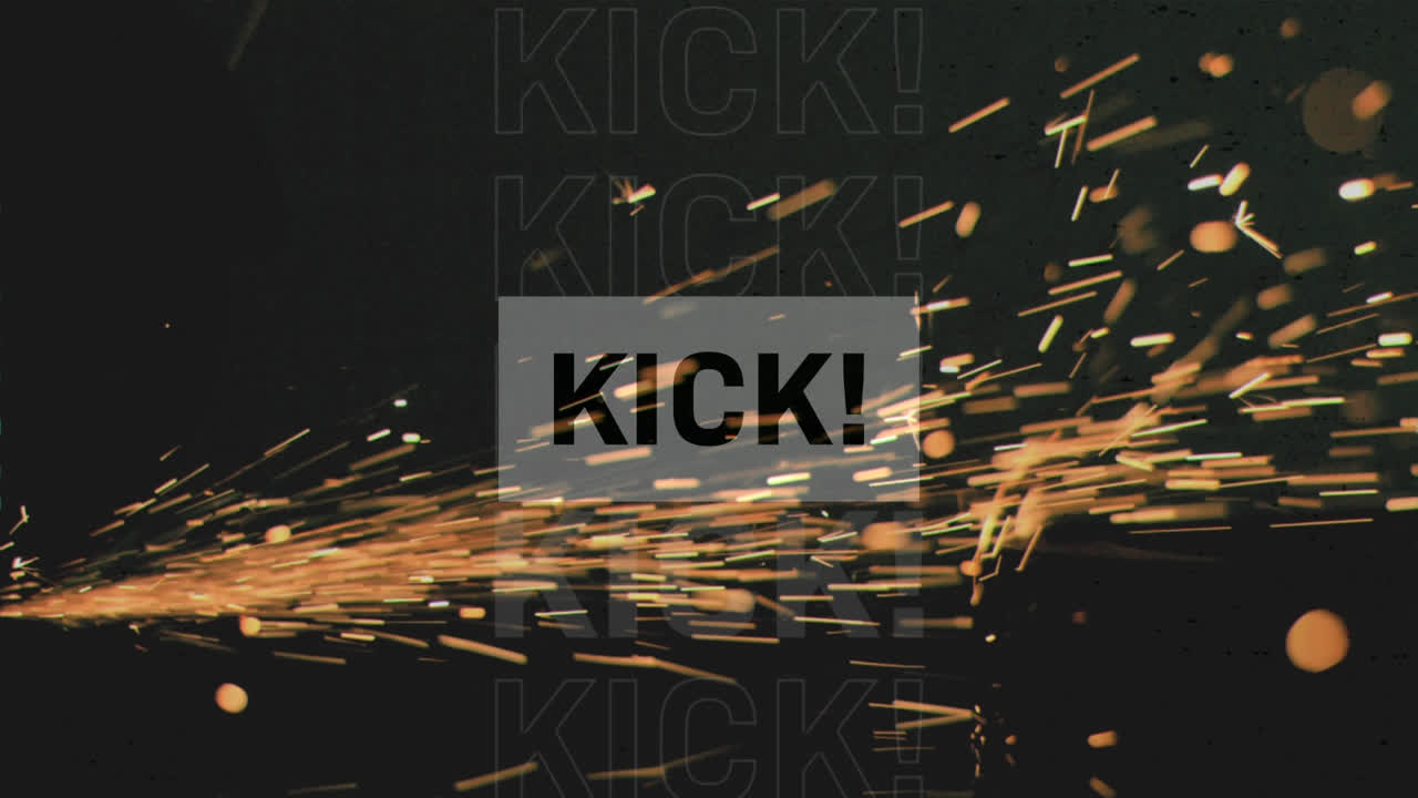 Animation of kick text over fireworks on black background