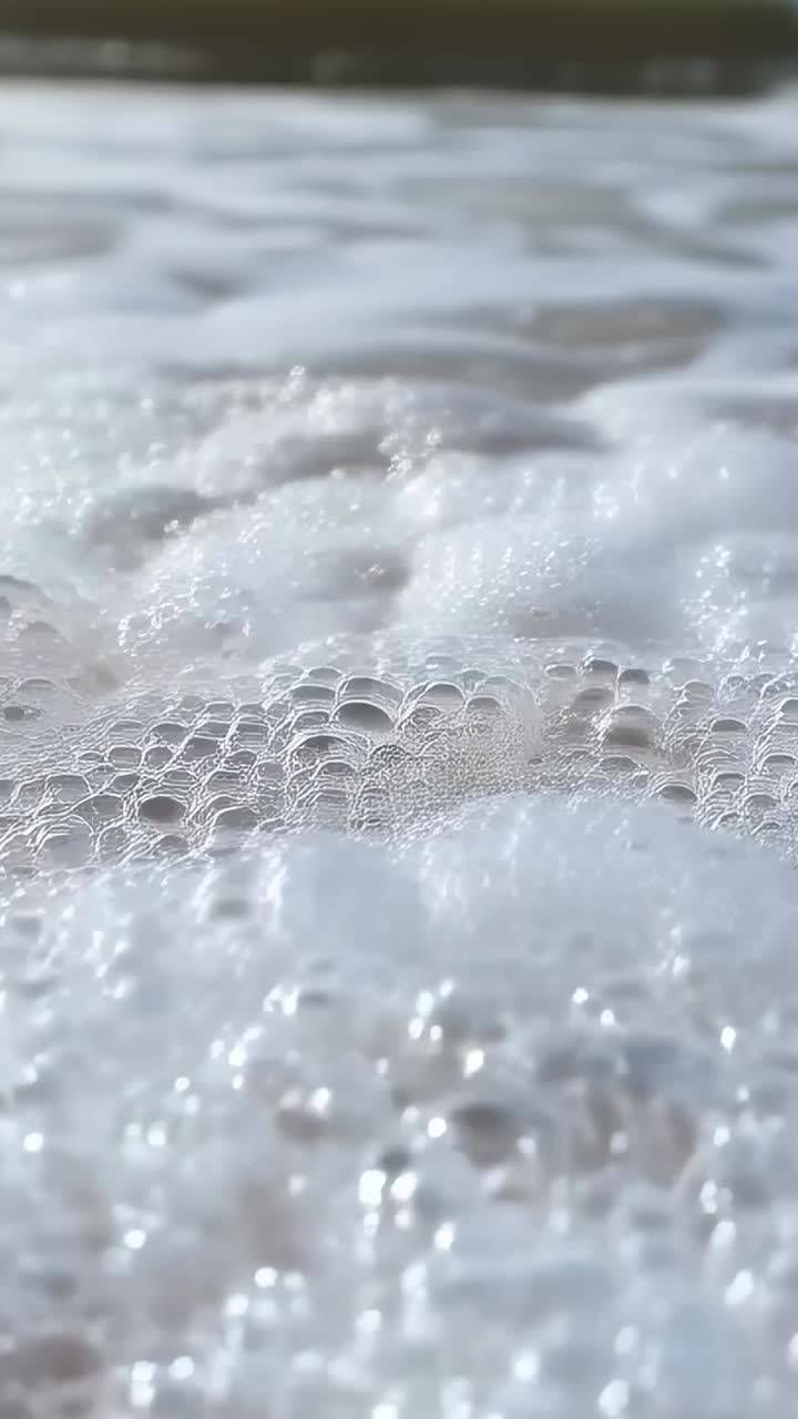Video verticale: schiuma del mare increspata e bolle che si uniscono per poi scoppiare mentre una sottile onda si ritira, rivelando la sabbia