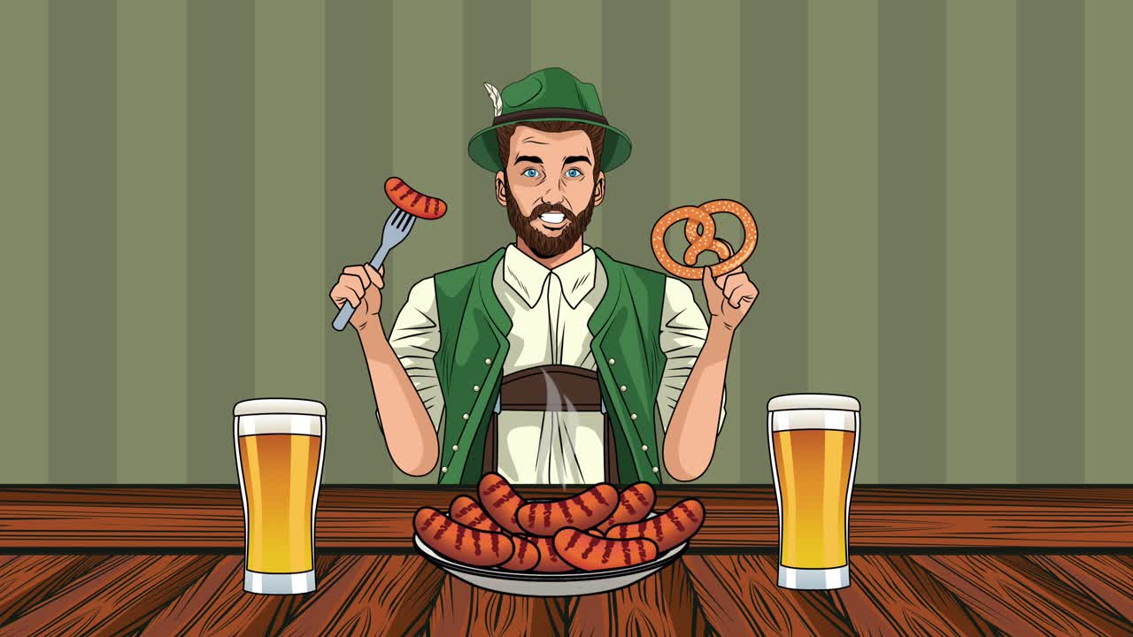happy oktoberfest celebration animation with german man eating sausage and pretzel