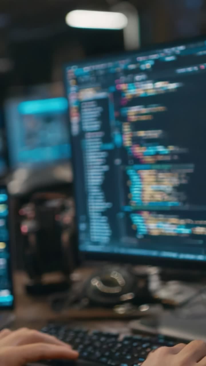 A Focused Programmer Working Intensively on Complex Code and Algorithms, Engaged in Deep Concentration at a Modern Workstation with Multiple High-Resolution Monitors