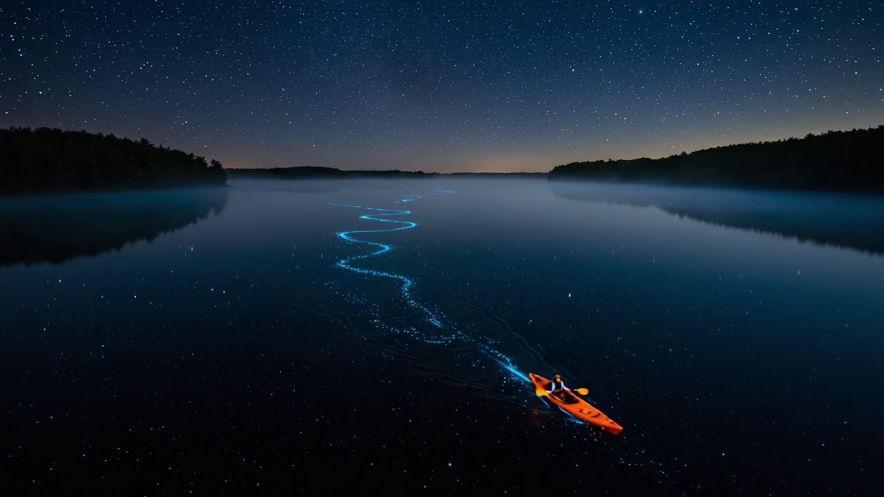 A Serene Night Adventure: A Kayaker Illuminating the Stars Above with a Glowing Path Across a Tranquil Lake under a Starry Sky