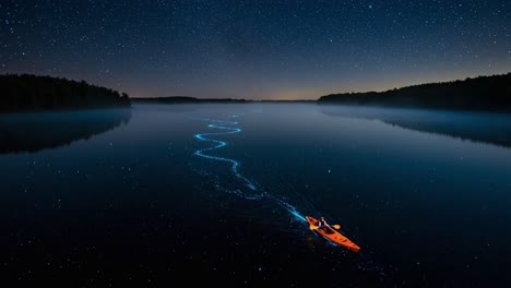a serene night adventure: a kayaker illuminating the stars above with a glowing path across a tranquil lake under a starry sky
