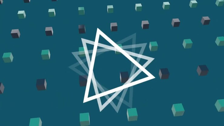 Animation of triangle and 3d shapes over blue background